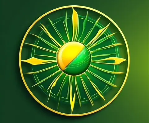 A green and yellow sun with a gold rim.