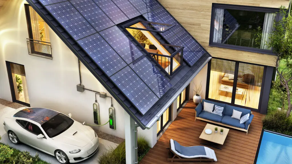 Electric car and modern house with solar panels on the roof