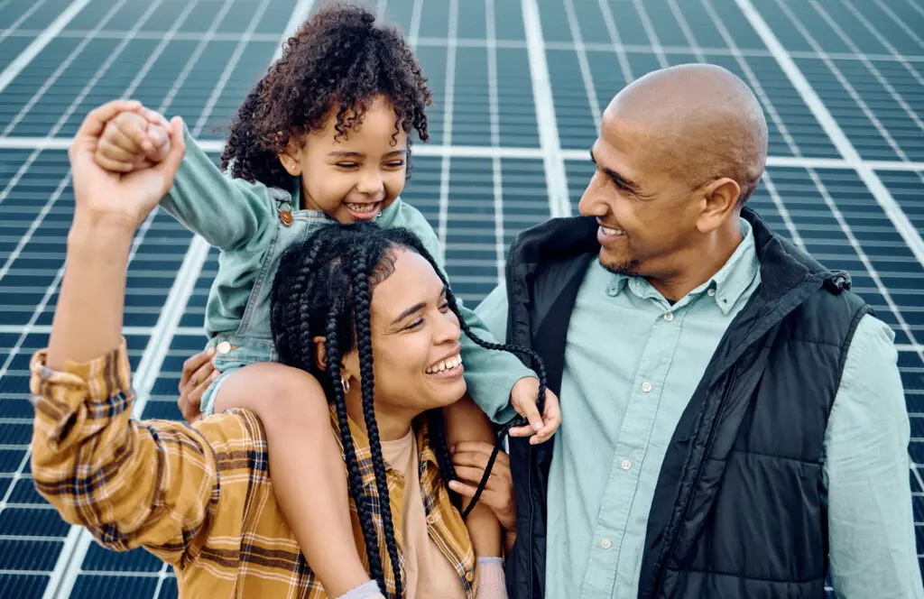 Black family, children or solar panel with a mother, father and daughter on a farm together for sustainability.