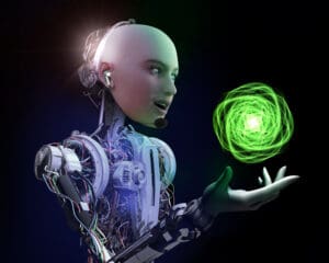 Robot woman holding glowing green orb.