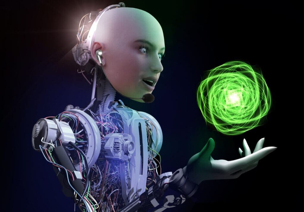 Robot woman holding glowing green orb.