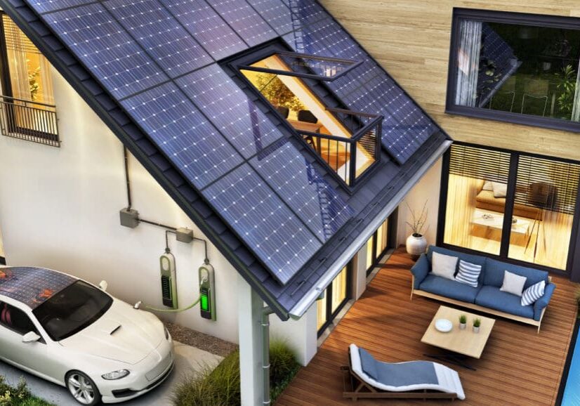 Modern home with solar panels and electric car.