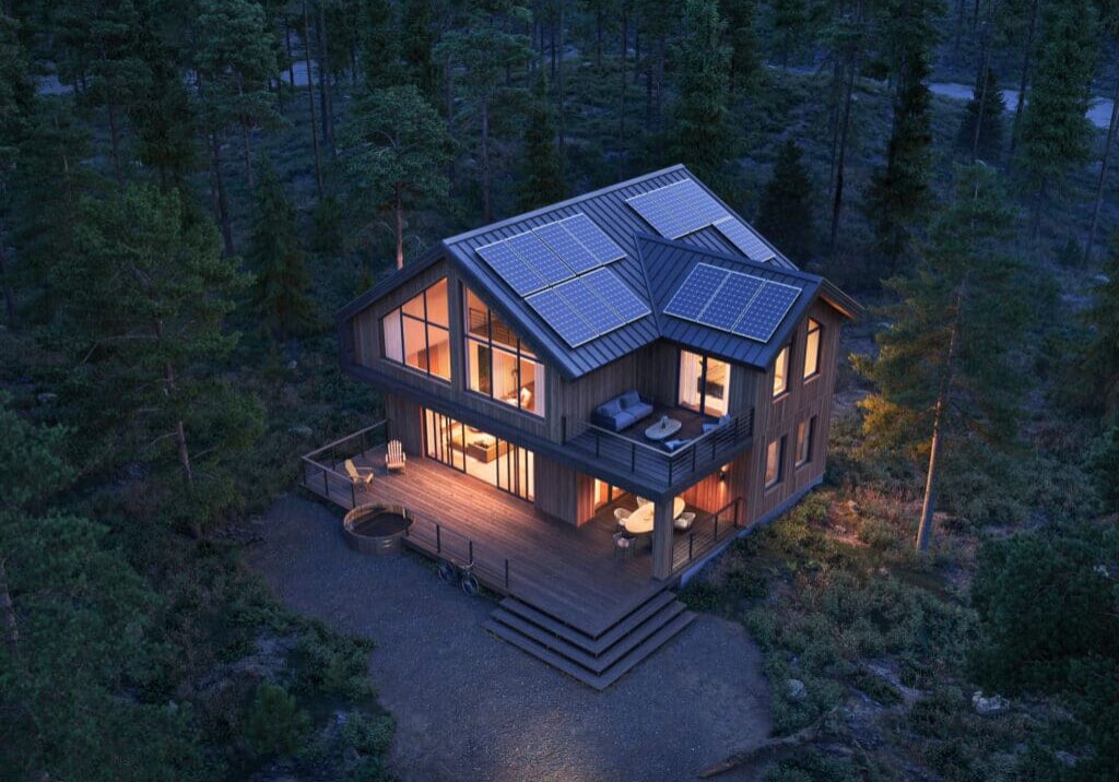 Modern cabin with solar panels in woods.